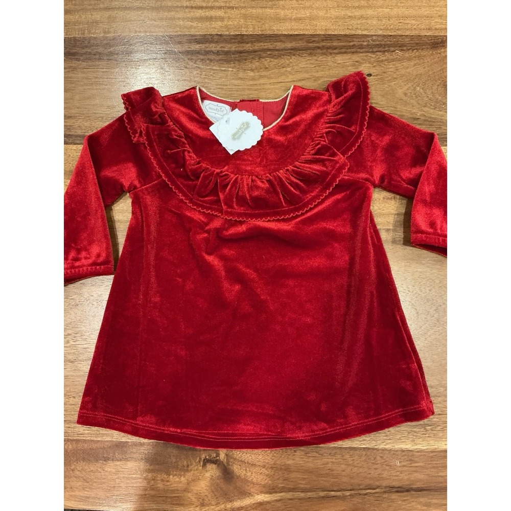 NWT Mudpie Girls Red ChristmasVelvet Dress 6-9 Months Ruffle